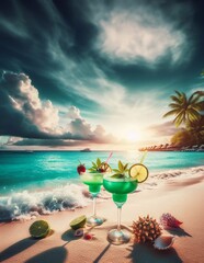  Summer beach cocktails, beautiful scenery generative ai   art