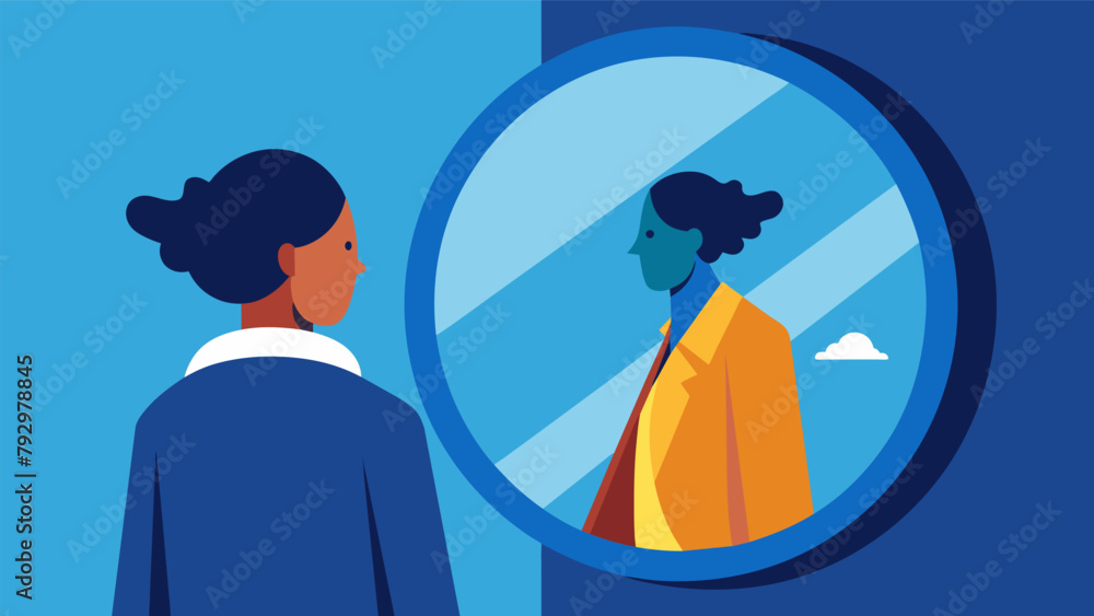Poster A person looking in the mirror with the reflection showing a confident wealthy version of themselves symbolizing the transformation of