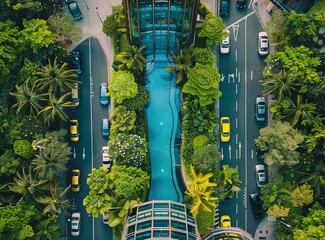 Swimming pool amidst trees, road, and urban design