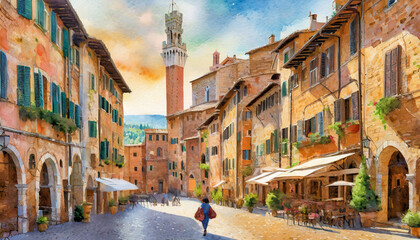 Generative Watercolor Illustration Of Siena Italy - obrazy, fototapety, plakaty
