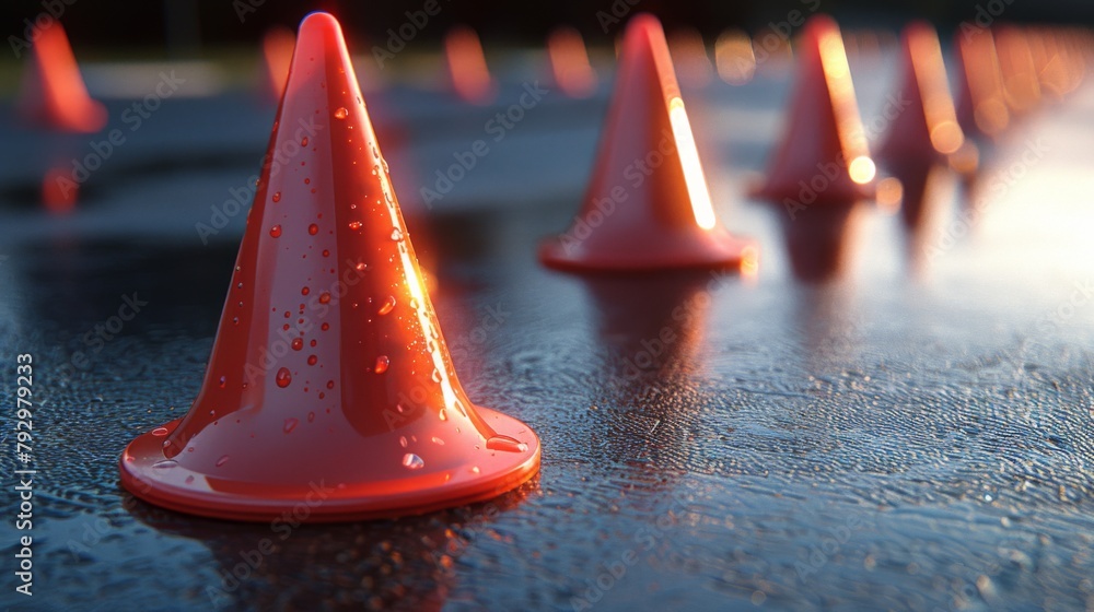 Poster create an overhead view of a collision at a highway construction zone, with traffic cones and barrie