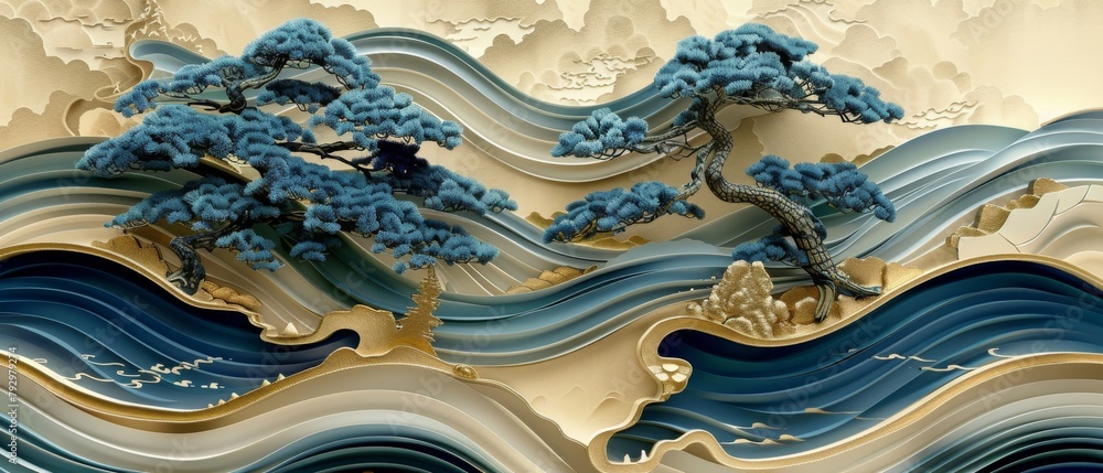 Poster gold wave and blue pine tree background seamless pattern modern. japanese wave and bonsai pattern.