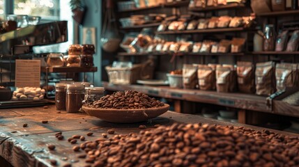 Coffee beans in a wooden bowl on the counter of a coffee shop