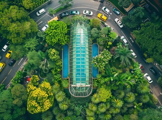 Urban design building surrounded by trees, pool, and natural landscape