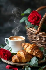 A basket of croissants and a cup of coffee with steam rising from it