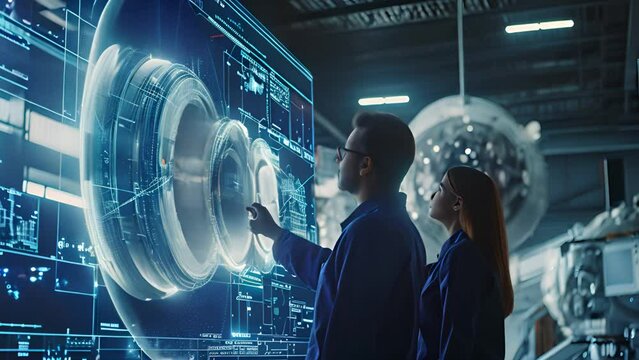 Team of engineers in high-tech facility studying holographic satellite design