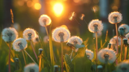  Sun sets behind a field of dandelion seed heads, with seeds dispersing in the warm light. © RISHAD