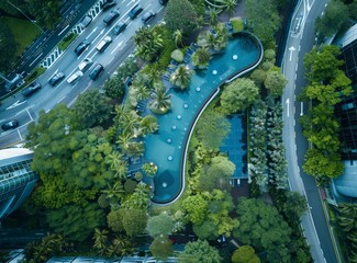 A watercourse flowing through trees by an urban park swimming pool