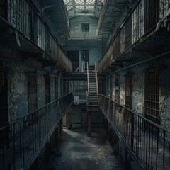 Eerie view of an abandoned prison with decaying cells and a haunting atmosphere - obrazy, fototapety, plakaty