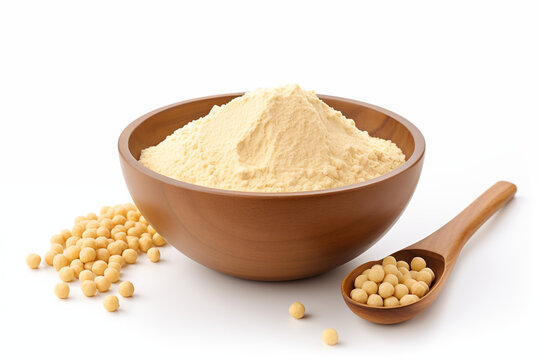 a bowl of chickpea flour and 1 spoon of chickpeas on a white background