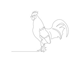 Continuous line drawing of rooster chicken. One line of rooster chicken. Poultry animal concept continuous line art. Editable outline.