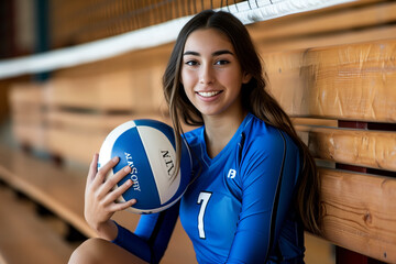 A girl is holding a volleyball and smiling