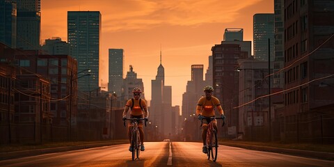 Against the backdrop of the setting sun, cyclists traverse the calm streets of the city, enjoying the quiet beauty of dusk.