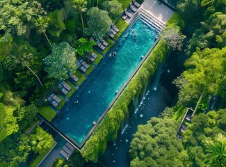 Aerial view of a large pool surrounded by trees in a natural landscape setting