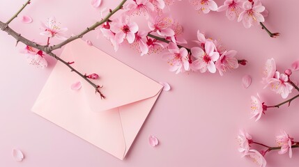 Designing a spring themed postcard featuring a blooming sakura branch against a soft pink backdrop complete with a matching envelope