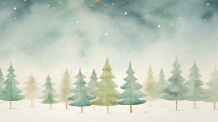 Obraz premium Enchanting watercolor scene of a forest with Christmas trees illuminated by gentle lights, depicted in a tranquil, wide format