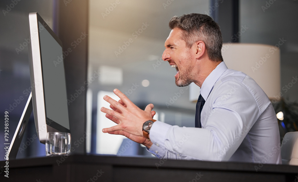 Aufkleber business, man and angry with computer in office, burnout and stress for internet problem or network 