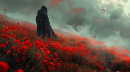 Mystical red flower field in front of an ancient gothic architecture under a cloudy sky