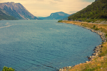 Fjord on a cloudy day. Rocky seashore in the evening.  Beautiful nature of Norway. Picturesque Scandinavian landscape. Lofoten islands, Norway