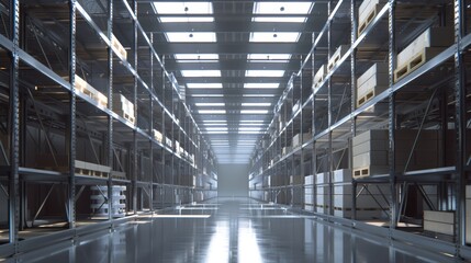 Linear arrangement of steel pallet racks in a warehouse, each shelf stocked with bulky crates under the intense glow of bright white overhead lights, emphasizing sharp shadows and strong lines