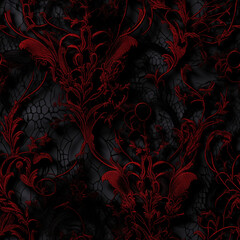 embroidery seamless pattern, floral design in red and black, ideal for dark themes, home decor, textile design
