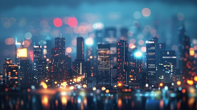 The image is of a blurred cityscape at night. There are many tall buildings and lights.
