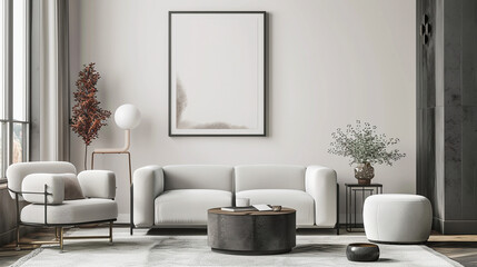 White theme livning room wiith white frame poster, interior design
