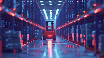 Vivid red forklifts navigating through deep navy-blue aisles, highlighting a bustling warehouse atmosphere with a sharp color contrast that enhances visual impact