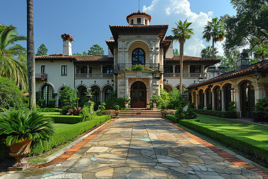  A photo of the front view exterior of an elegant mansion in Houston, Texas with Spanish colonial style architecture and ornate details. The property is surrounded by lush green lawns. Created with Ai