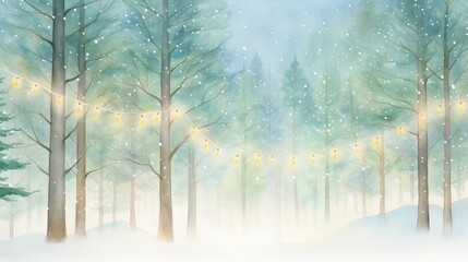 Watercolor painting of a magical forest with Christmas trees, adorned with glowing lights, capturing a dreamlike essence