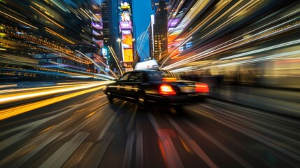 A taxi cab speeding through the streets of the city at twilight, streaking lights behind