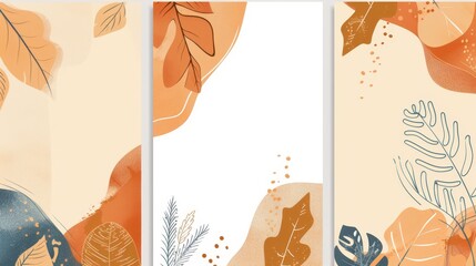 The modern set includes a background template with text space for text and images, with abstract, colored shapes and line arts. Tropical leaves are shown in warm earth tones.