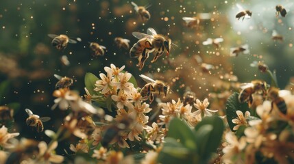 A swarm of bees buzzing around a flower-filled bush, their presence vital for pollination - obrazy, fototapety, plakaty