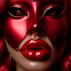A woman in a mask with red lips.