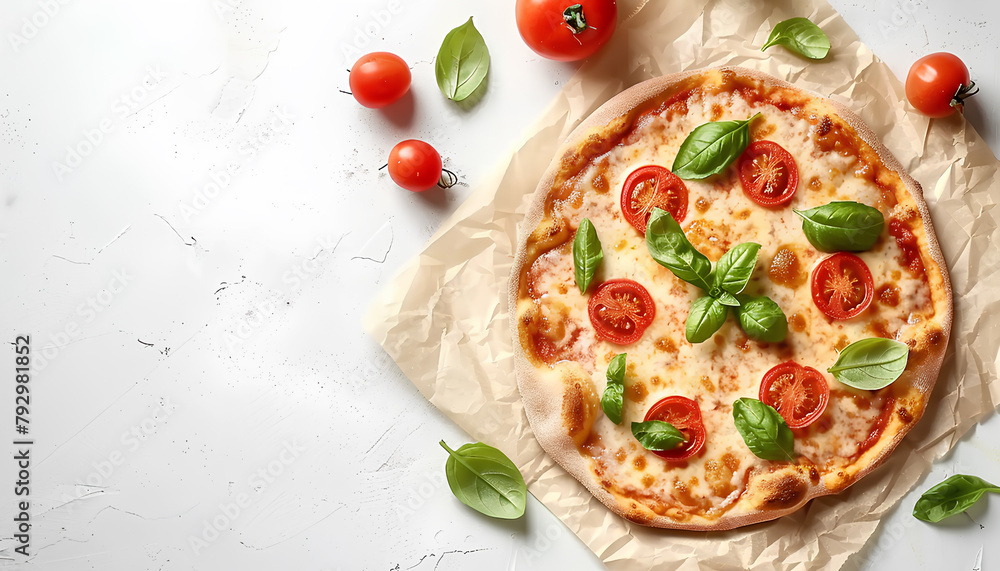 Wall mural baking paper with tasty pizza margarita and basil on white background - Wall murals