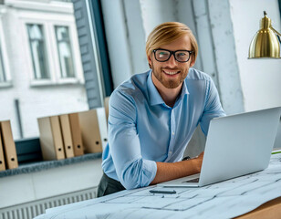 Portrait of architect handsome man looking at camera in office desk interior