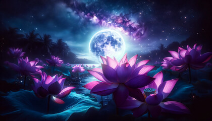 Lunar Blossoms at Midnight
Vivid purple lotuses bloom under the radiant glow of a full moon amidst a starry sky, creating a surreal and tranquil nightscape.