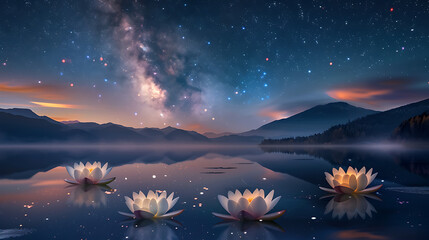 Lunar Blossoms at Midnight
Vivid purple lotuses bloom under the radiant glow of a full moon amidst a starry sky, creating a surreal and tranquil nightscape. - obrazy, fototapety, plakaty