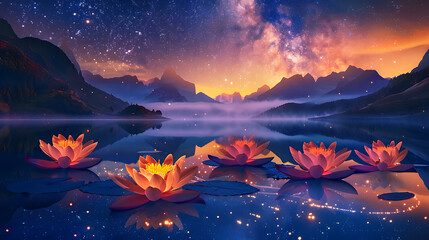 Lunar Blossoms at Midnight
Vivid purple lotuses bloom under the radiant glow of a full moon amidst a starry sky, creating a surreal and tranquil nightscape.