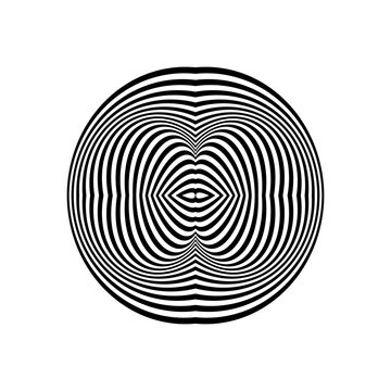 Abstract black and white striped round object. Geometric pattern with visual distortion effect. Optical illusion. Op art. Isolated on white background.