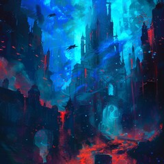 Majestic spectral citadel floating above a mystical landscape, illuminated by shimmering lights