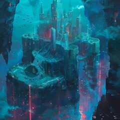 Majestic spectral citadel floating above a mystical landscape, illuminated by shimmering lights
