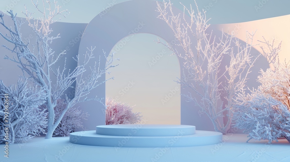 Poster in this abstract winter scene, geometrical forms are contrasted with a podium with a podium arch, al