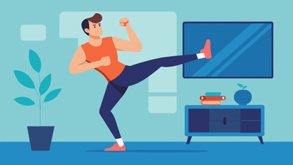 A man doing a cardio kickboxing routine in his living room the TV screen mirroring his moves as he challenges his body and mind to keep up with