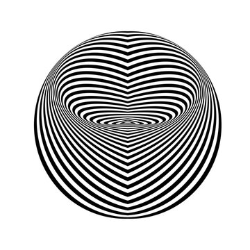 Abstract black and white striped round object. Geometric pattern with visual distortion effect. Optical illusion. Op art. Isolated on white background.