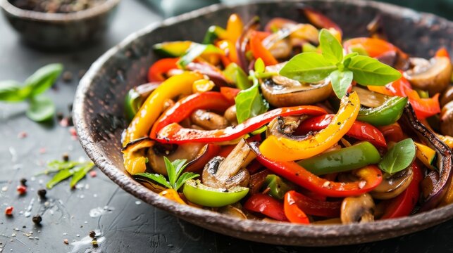 A vegetarian stir-fry featuring colorful bell peppers and tender ear mushrooms