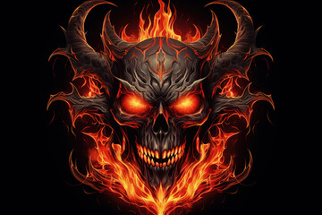 The skull of a horned devil in flame