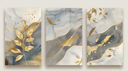 An elegant golden botanical texture wall art modern set. A marble art design with an abstract shape and gold pattern. This design is perfect for prints, covers, wallpaper, and natural wall art. A