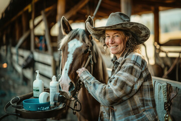A woman brushes her horse's mane, surrounded by equine care products, showing the dedication and affection.