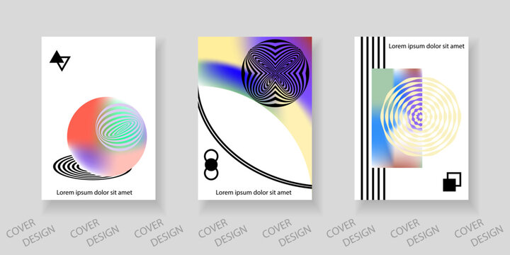 Abstract minimal geometric backgrounds set. Colorful geometric pattern with holographic texture and distorted geometric shapes. For printing on covers, banners, sales, flyers. Modern design.